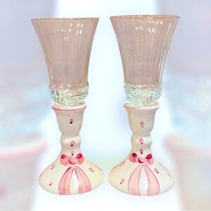 Beautiful Pink Ribbon Bow Candlestick Holders Elegant Glass With Votive Cups